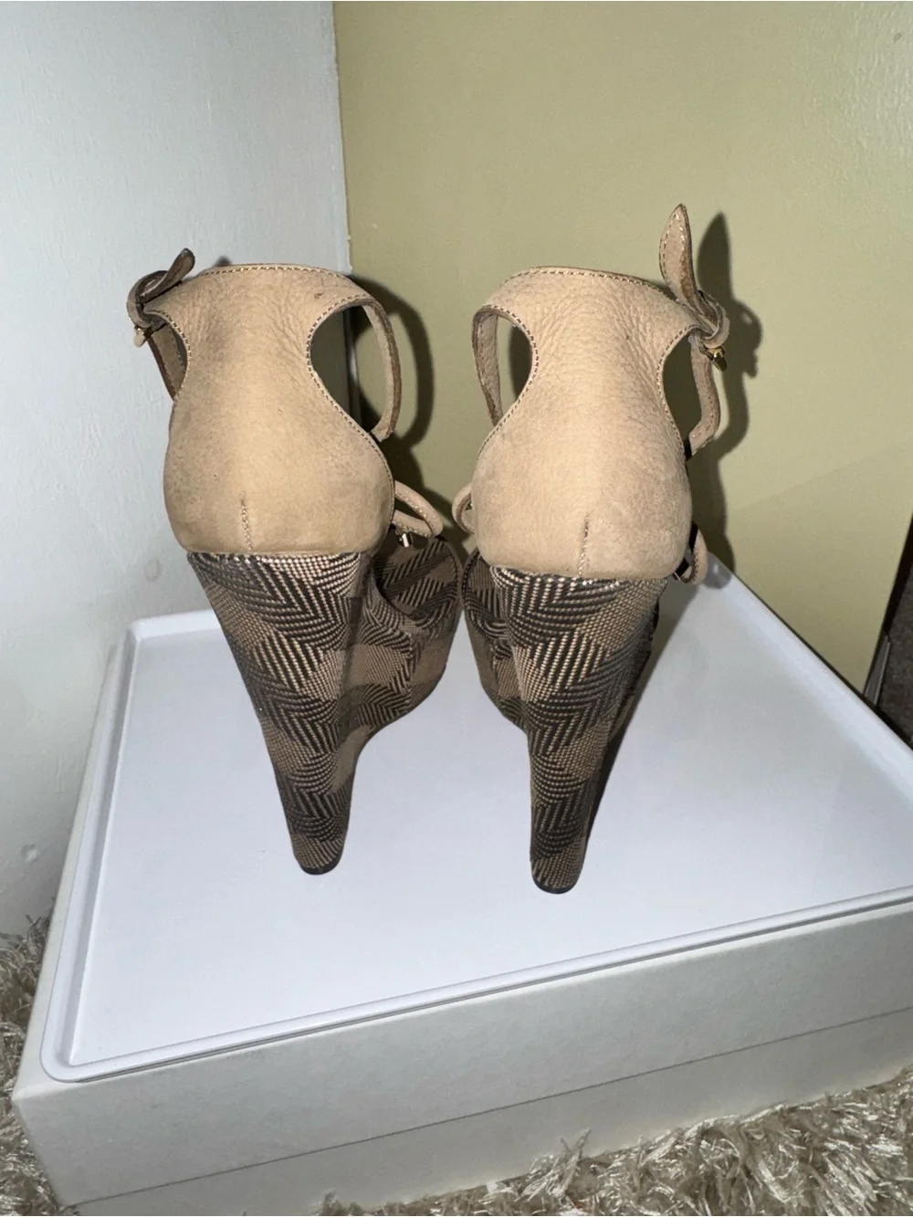 Burberry Tan and Brown Herringbone T-Strap Wedge Sandals